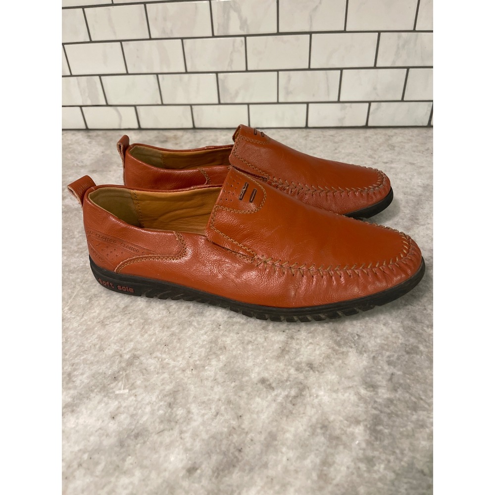 Clohoo Loafers Mens 11 Tan Cognac Leather Slip On Casual Whipstitch Moc Toe